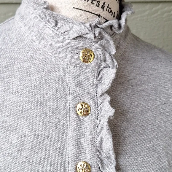 Tory Burch Lidia Ruffle Polo Tee GRAY Size Small - Picture 3 of 11